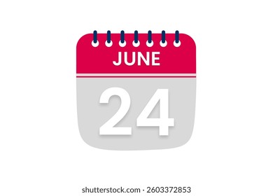 24 June month single day vector, illustration, calendar with red, off white and white color background calendar June 24