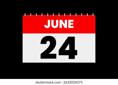 24 June month single day vector, illustration, calendar with red, off-white and black color background calendar icon of June 24