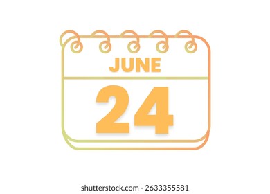 24 de junio mes Vector de un solo día, ilustración, calendario con naranja, amarillo, marrón y blanco color de fondo icono de calendario del 24 de junio