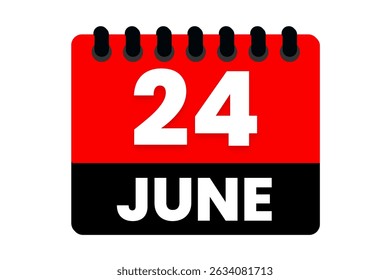 24 junho mês vetor dia único, ilustração, calendário com vermelho, preto e branco ícone de calendário de fundo de cor de 24 de junho