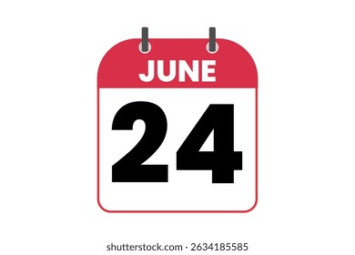 24 June month single day vector, illustration, calendar with red, black and white color background calendar icon of June 24
