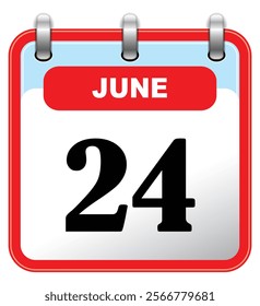 24 June vector icon calendar day. 3d calendar. 24 date of June. Twenty fourth day of June. 24th date number. Twenty four. Calendar vector icon. Calendar template.