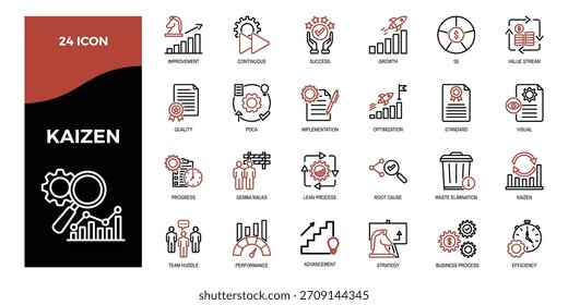 24 KAIZEN conjunto de iconos de dos tonos, filosofía empresarial japonesa que contiene gestión de diseño, negocios, mejora, calidad, estrategia