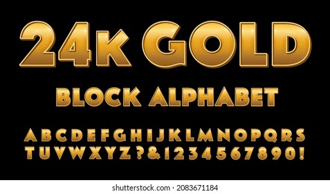 A 24 karat gold effect block alphabet with 3d effects and wavy line detailing. A bold heavy font style that exudes wealth and luxury.