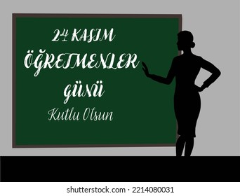 24 Kasim Ogretmenler Gunu Kutlu Olsun. Text translate: Happy 24 November Teacher's Day. Vector design with teacher can be used as social media post, website banner, poster, brochure, greeting card.