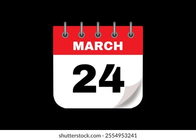 24 March calendar icon text page monthly web design on red, white and black background vector, icon, or illustration with the month of March 24