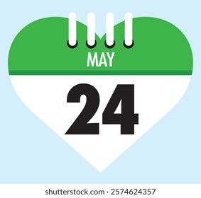 24 May calendar icon green heart shape on light sky blue color background, calendar vector symbol for the month of May.