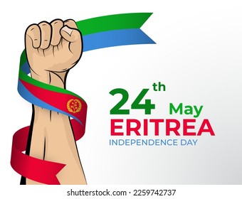 24 May. Vector illustration of Happy Independence Day greeting card for the country of Eritrea with clenched fists and a flag ribbon. Use for banners on a white background.