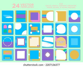 24 Mega Set of colorful and bright social media templates in lilac, yellow, cyan, green, and pink palette. Geometric designs, modern and minimalism. Isolated. Editable Vector Illustrations.