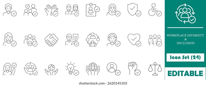 24 minimalist line icons representing workplace diversity and inclusion. Includes icons for teamwork, equality, gender, disability, and more. Ideal for business, HR, and diversity projects.