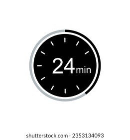 24 minute timer vector icon, 24 min stopwatch symbol.