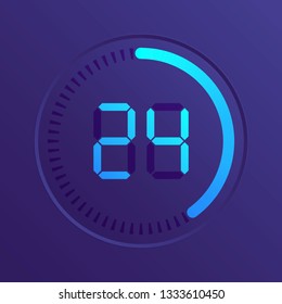 The 24 minutes, stopwatch vector icon, digital timer. Vector digital count down circle board with circle time pie diagram. Watch outline style design, designed for web and app.