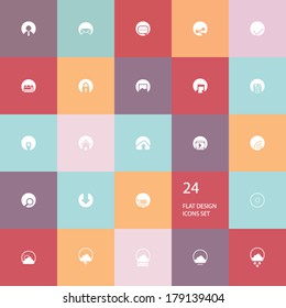 24 modern flat design icons set for applications or websites on colorful pastel background. Eps10 vector illustration.