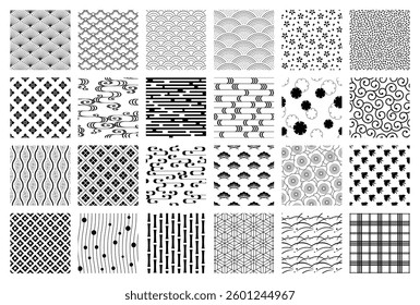 24 monochrome Japanese pattern backgrounds, traditional Japanese patterns, seamless vector backgrounds