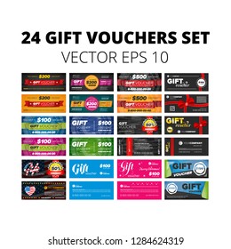 24 Multipurpose Gift vouchers set on color backgrounds