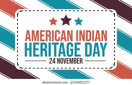 El 24 de noviembre se celebra el Día del Patrimonio Indio Americano. Fondo del Día de la Herencia India Americana, Anuncio, tarjetas, Plantilla, cartel, Fondo de pantalla. Vector 10.