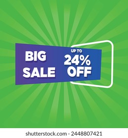 24% OFF, banner with green background and decorative rays, offer, promotion and sale.