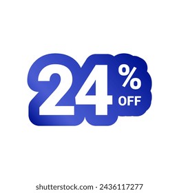 24% off. Discount number of percent sign in white and blue colors. Twenty four percent of discount. Symbol tag vector badge template. Sale offer price sign.