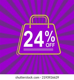 24% off. Purple, white and yellow banner with twenty four percent discount. Shopping bag concept vector.