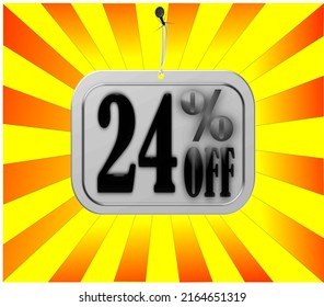24% off. Red and yellow banner twenty four percent off white card for mega big sales.