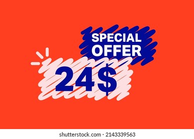 24$ OFF Sale Discount banner shape template. Super Sale 24 Dollar Special offer badge end of the season sale coupon bubble icon. Modern concept design. Discount offer price tag vector illustration.