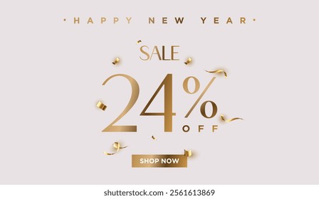 24% off Sale Happy New Year. Twenty four percent promotion illustration. Shop now. Winter holiday poster with discount coupon. Gold Vector.