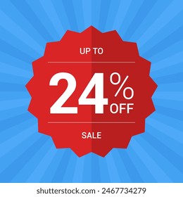 Up to 24% off sale promotion. Twenty four percent sale tag symbol. Promotion flat vector badge graphic. Red Sticker emblem. Modern design on blue background.