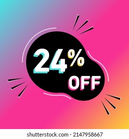 24 % Rabatt auf Vektorgrafik. 24 % Verkaufsförderung. Rundform. Weiß, schwarz, blau, gelb und rosa.Farbige Schatten. Farbverlauf-Hintergrund.