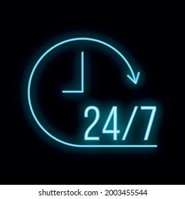24 on 7 customer service icon neon glow style outline flat vector illustration, isolated on white.