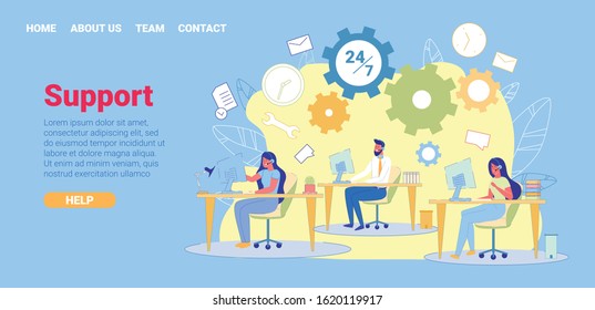 24 on 7 Insurance Company Support Hotline, Banner. Company Employees Sit at their Jobs in Cozy Atmosphere. Through Headset, they Communicate with Company's Customers and Help them Find Right Contract.