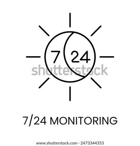 24 on 7 protection line vector icon for packaging on cctv camera with editable stroke