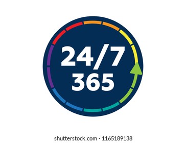 24 on 7 timing badge symbol. Time 365 vector sign