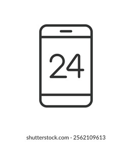 24 on a phone, icon in line design. 24 on a phone, 24 7, customer service, availability, phone support, hotline, round-the-clock on white background vector. 24 on a phone editable stroke icon