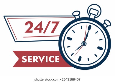 24 per 7 service icon with a stopwatch symbolizing continuous availability. Perfect for concepts of 24-hour support, open services, and always-on customer care. Modern vector design.