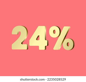 24 percent 3Ds Letter Golden, 3Ds Level Gold color, Twenty FOUR 3D Percent on red color background, and can use as transparent gold 3Ds letter for levels, calculated level, vector illustration.