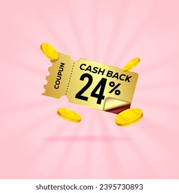 24 percent gift voucher with coupon Cash back. For business promotion sales and Discount online purchases. Tag label, sale banner with golden coin cash back. 