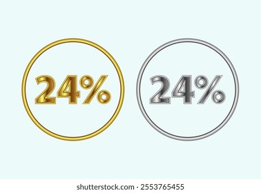24 percent icon, 24 percent sign symbol in gold and silver color