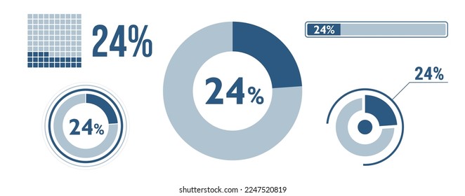 24 percent loading data icon set. Twenty-four circle diagram, pie donut chart, progress bar. 24% percentage infographic. Vector concept collection, blue color.