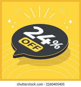 24 por ciento de descuento. Globo flotante 3D con promoción de ventas en fondo amarillo