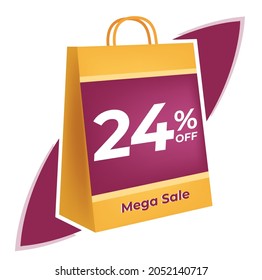 24 percent off. 3D Yellow shopping bag concept in white background.