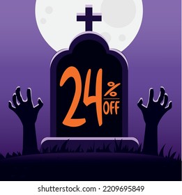 24 percent off. tomb with the phrase "24% off" and with zombie hands coming out of the ground. main color is purple