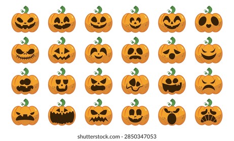 24 Pumpkin set vector with different expression for halloween. Pumpkin or jack o latern that can use for sticker, greeting, or emoticons. Abstract pumpkin vector set art.