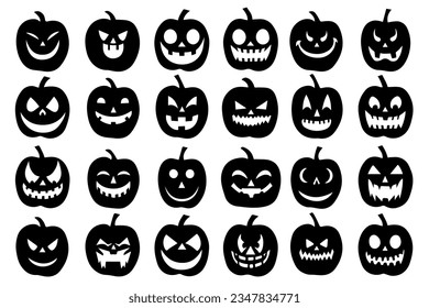 24 pumpkins, halloween black and white icons, stencil vector illustration