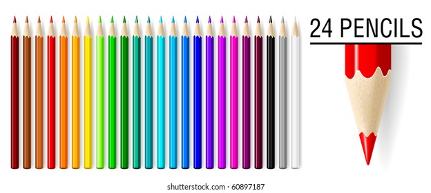 24 realistic vector pencils set isolated on white background.