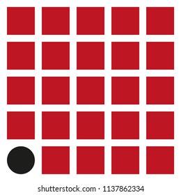 24 Red Squares with one black circle on White background.vector illustration.