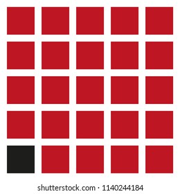 24 Red Squares with one black square on White background.vector illustration.