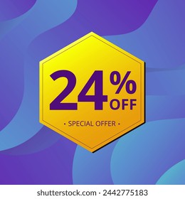 24% Sale and Discount Label. Twenty four percent Sale Discount label Geometric design. Abstract Blue and Yellow Hexagon. Vector illustration.