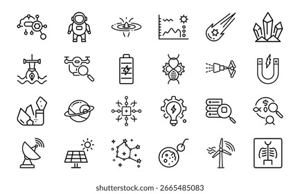 24 Science and Technology Line Icons Artificial Intelligence, Space, Astronomy, Renewable Energy, Laboratory, Drone, Solar, Magnet, Research, and Innovation Vector Icon Set