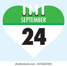 24 September calendar icon green heart shape on light sky blue color background, calendar vector symbol for the month of September.