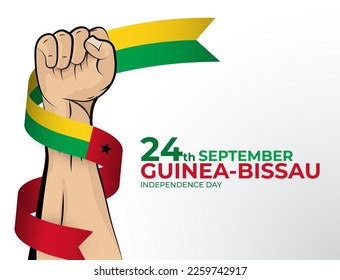 24 de septiembre. Imagen vectorial de la tarjeta de felicitación del Día de la Independencia para el país de Guinea-Bissau con puños apretados y una cinta de la bandera. Usar para banners en fondo blanco.